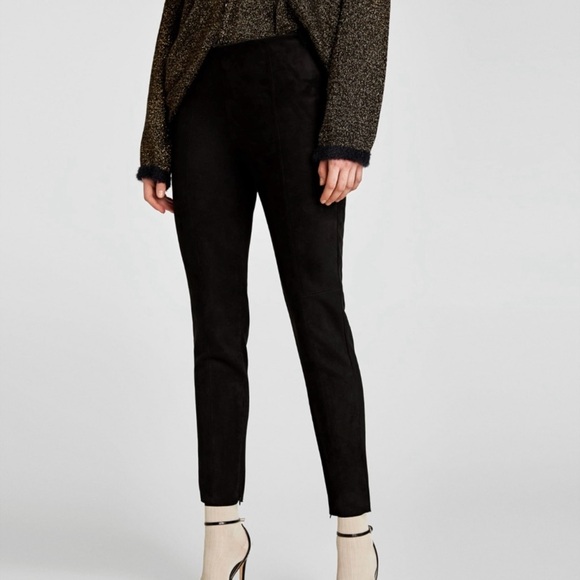 Zara Faux Suede Black Leggings, Zipper Hem - Picture 15 of 15